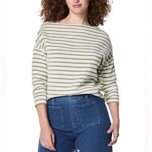 SPANX Cream and Taupe Striped Boatneck Top- Porcelain Fawn